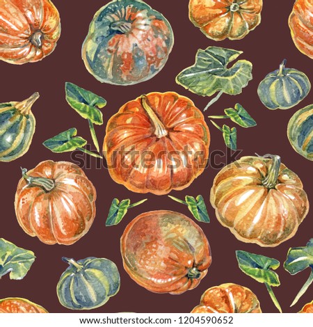 Bright seamless pattern with multicolor pumkins  and leaves on a dark background
