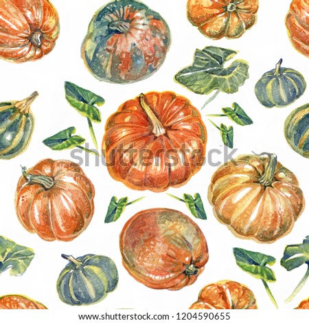 Bright seamless pattern with multicolor pumkins  and leaves on a white background