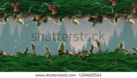 Digital composite of Christmas wreath and bells with forest