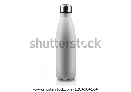 Close-up of reusable, steel thermo water bottle, white matte of color, isolated on white background with copy space. Zero waste. Say no to plastic disposable bottle. Environment concept. Royalty-Free Stock Photo #1204604164