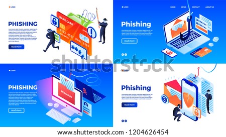 Phone phishing data emails banner set. Isometric set of phone phishing data emails vector banner for web design