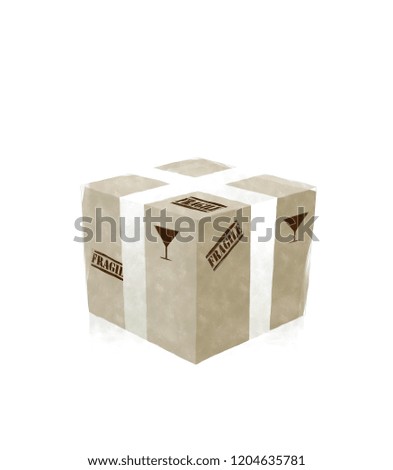 Watercolor cardbox with fragile sing over a white background