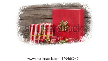Digital composite of Christmas snowflake border with gifts