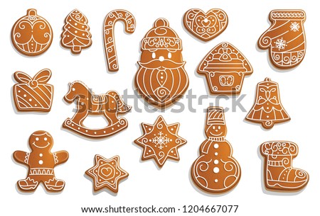 Christmas gingerbread cookies, winter holiday food. Vector Xmas tree and ball, cane and Santa, heart and house, mitten and gift box. Horse and snowflake, snowman and boot, jingle bell and star Royalty-Free Stock Photo #1204667077