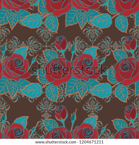 A vintage style vector seamless background pattern with hand drawn watercolor blue, red and brown rose flowers in bloom.