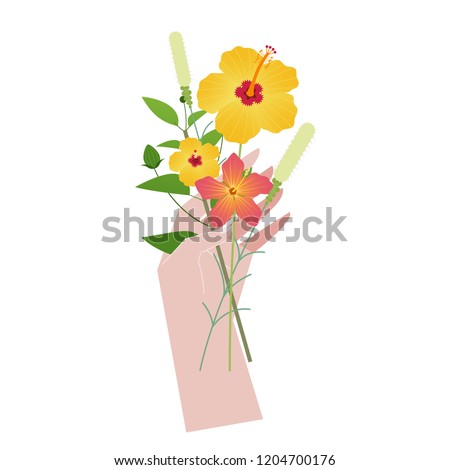 A hand holding tropical flower. flat design style vector graphic illustration.