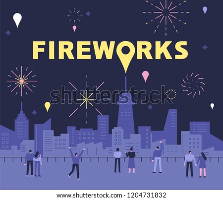 People admiring the fireworks in the night view of the city background. flat design style vector graphic illustration.