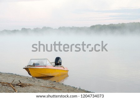 fishing boat, foggy morning, river, background,copy space