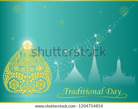 Golden Bodhi tree on buddhist temple Thai style art on bright green background with copy space for text, illustration vector eps10.