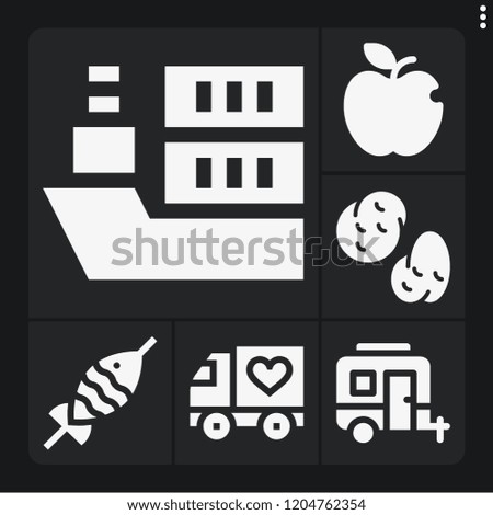 Set of 6 nature filled icons such as potatoes, boat, caravan, fish, truck