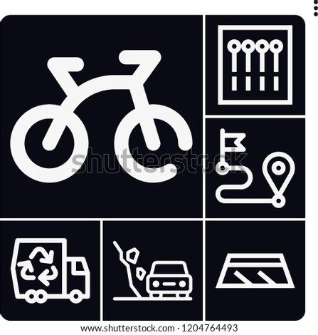 Set of 6 road outline icons such as bike, van, route, windshield, landslide