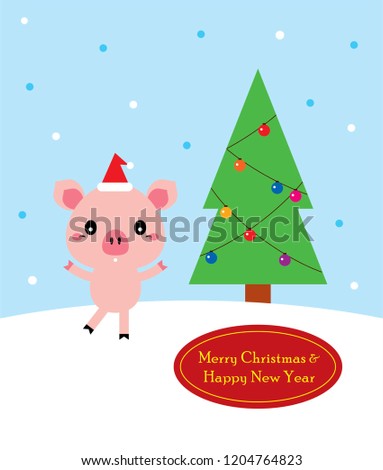 cute pig cartoon merry christmas greeting card vector with christmas tree graphic