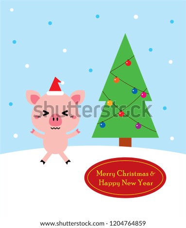 cute pig cartoon merry christmas greeting card vector with christmas tree graphic