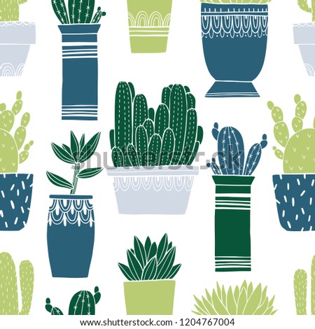 Pattern seamless cactus pot and succulent in sketch style. Flat drawing element design. Decoration collection plant. Vector illustration.