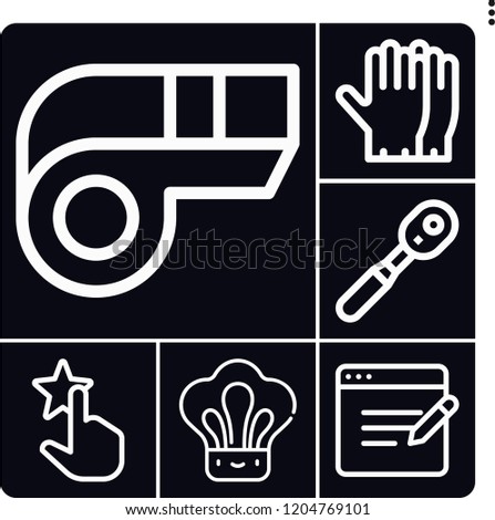 Set of 6 flat outline icons such as gloves, survey, rating, wrench, whistle