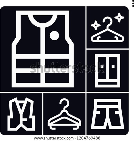 Set of 6 clothes outline icons such as hanger, fishing vest, closet, waistcoat