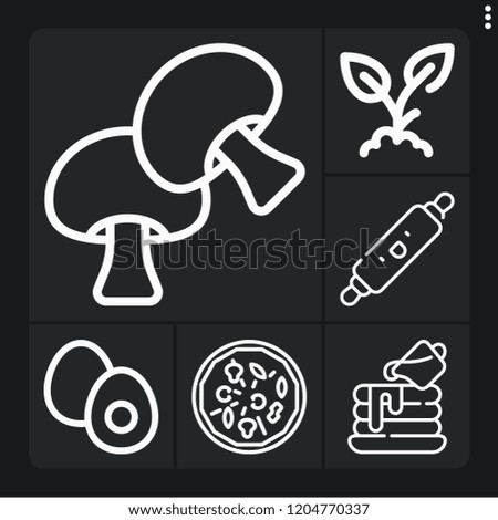 Set of 6 meal outline icons such as sprout, mushroom, pizza, rolling pin, boiled egg
