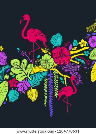 Background Illustration of Pink Flamingos with Tropical Flowers and Leaves and Branches