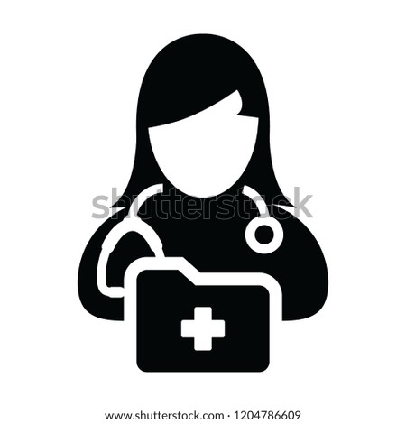 Healthcare icon vector female doctor person profile avatar with stethoscope and medical report folder for medical consultation in Glyph pictogram illustration

