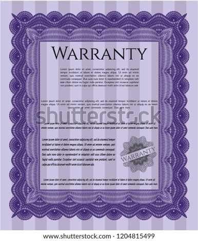 Violet Retro Warranty Certificate template. Detailed. With great quality guilloche pattern. Excellent design. 