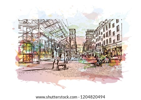 Building view with landmark of Wroclaw is a city on the Oder River in western Poland. Watercolor splash with Hand drawn sketch illustration in vector.