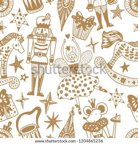 Christmas vector seamless Nutcracker pattern.  Gold seamless pattern can be used for wallpaper, pattern fills, web page background, surface textures.