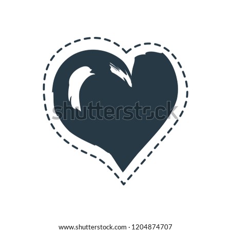 Love symbol or sign heart framed patch isolated. Assymetric monochrome dash lined doodle vector illustration as romantic element for decoration poster.