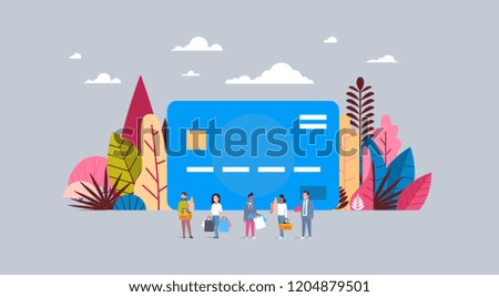 shopping concept over credit card mix race people stay together hand hold diversity purchases flat vector illustration