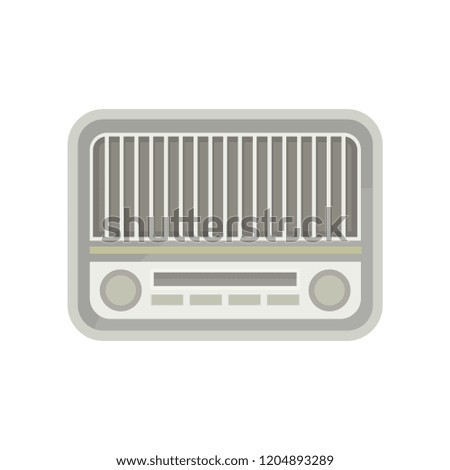 Gray vintage radio with small buttons and two settings knobs. Retro music player. Flat vector illustration