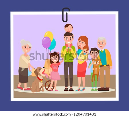 Big happy familly consisting of grandparents, parents, children and pet photocard  illustration on pink and blue backgrounds.