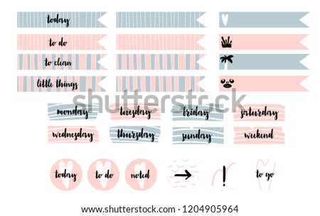 Clip art with today, to do, to clean, little things. day of week, noted, arrow, to go, exclamation point signs. Vector illustration