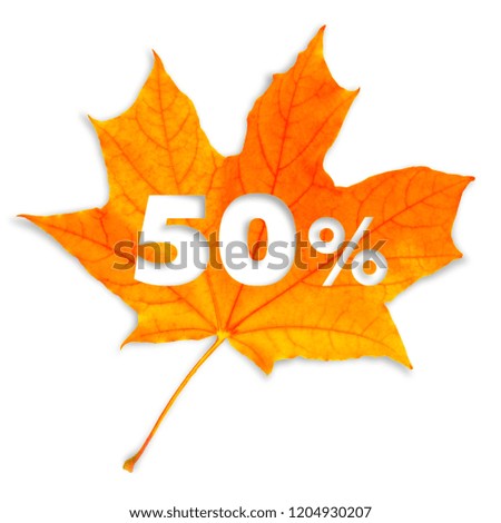Autumn sale - 50%. Colorful maple leaf with text on white background.