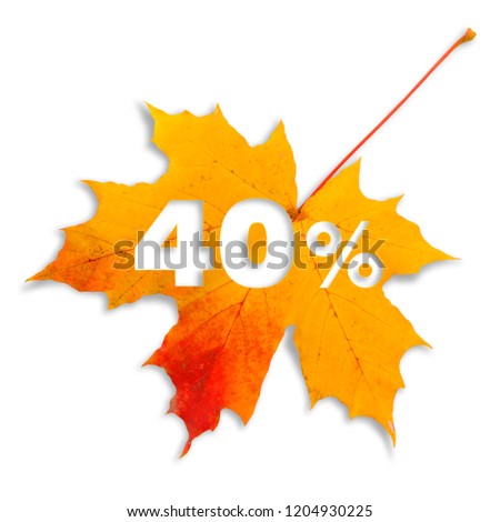 Autumn sale - 40%. Colorful maple leaf with text on white background.