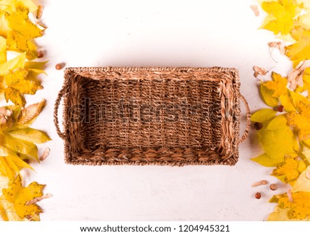Rustic basket, autumn leaf border on white background, top view