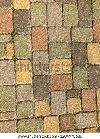 Texture of multicolored beautiful rectangular stone concrete paving brick tiles with seams overgrown with green grass. The background.
