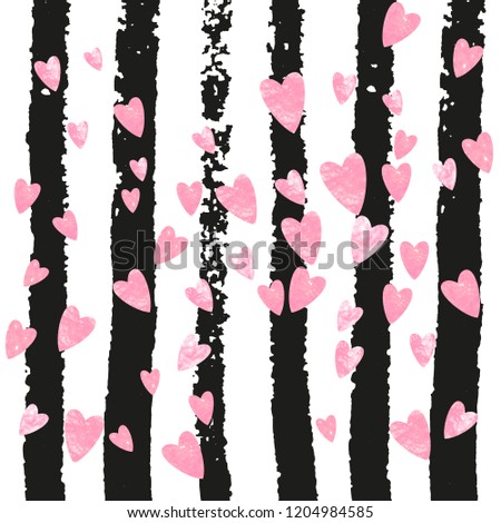 Wedding glitter confetti with hearts on black stripes. Shiny random falling sequins with shimmer. Design with pink wedding glitter for party invitation, event banner, flyer, birthday card.