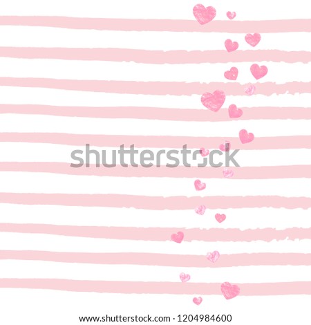 Pink glitter confetti with hearts on pink stripes. Sequins with metallic shimmer and sparkles. Design with pink glitter confetti for party invitation, event banner, flyer, birthday card.