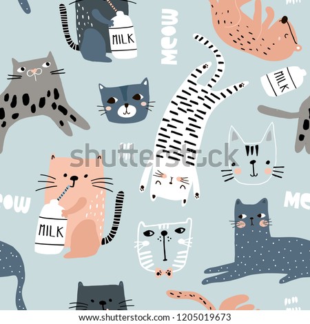 Seamless pattern with different funny cats. Creative childish texture. Great for fabric, textile Vector Illustration