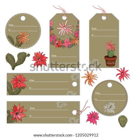 
Labels and labels with flowers cactus, Opuntia