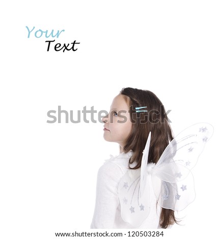Girl with butterfly wings isolated on white background