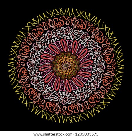 A hand drawing mandala made of pink white and yellow on a black background.