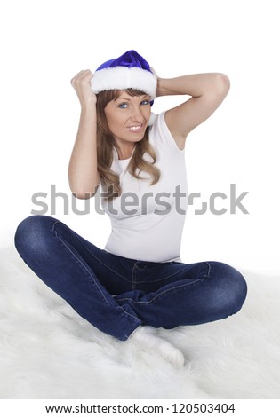 Girl in blue cap on a white background