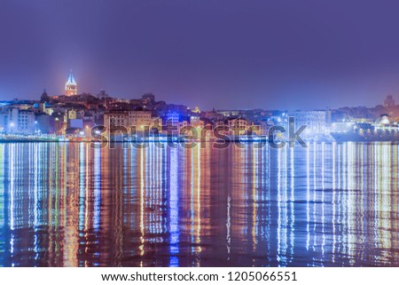 Galata Tower, Galata Bridge, Karakoy district and Golden Horn at night, istanbul - Turkey