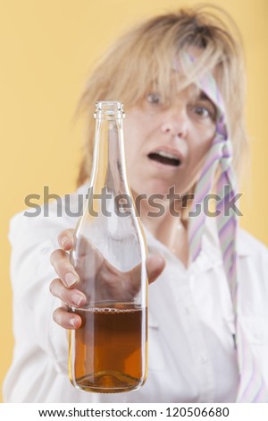 drunk woman holding a bottle, with the tie in the head