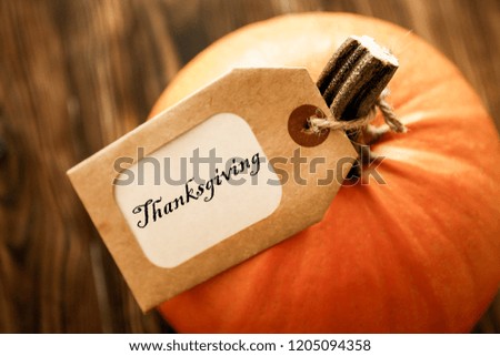 Happy thanksgiving concept. Still life composition with pumpkin and oher fruits and vegetble small decoration with funny font text white text. Wood textured table background. Top view, close up.