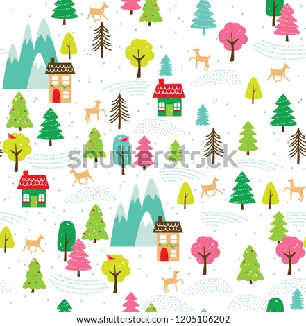 Snowy Woodland Holiday Village Seamless Vector Pattern