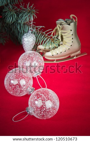 Christmas decoration with presents  and balloons on red background