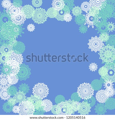 Ethnic Background with Small Mandalas. May be Used as Christmas Background with Snowflakes. Orient Pattern for Card, Poster, Banner. Festive Outline Mandalas on White Backdrop