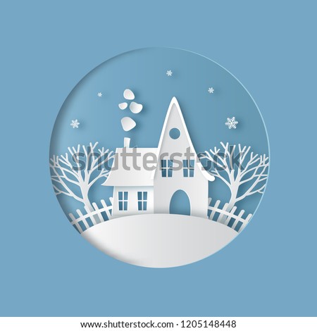 Cartoon house with snowy roof, chimney and smoke. Merry Christmas or Happy New Year card. Winter landscape. Paper cut out art digital craft style. Vector illustration