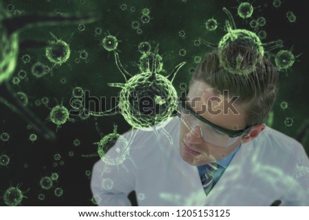 Digital composite of doctor watching green virus